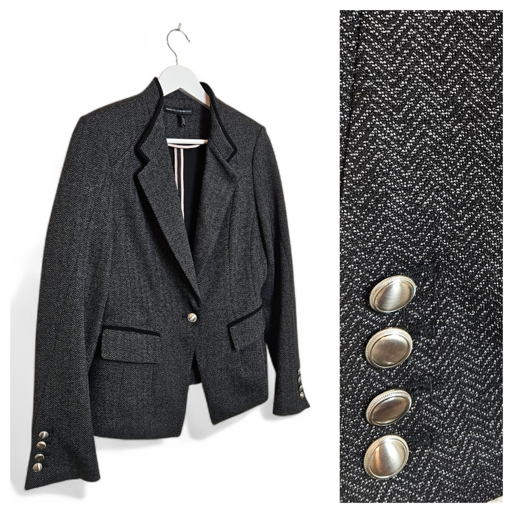 White House Black Market Blazer Size 6 Herringbone Tailored Crest Button Charcoa
